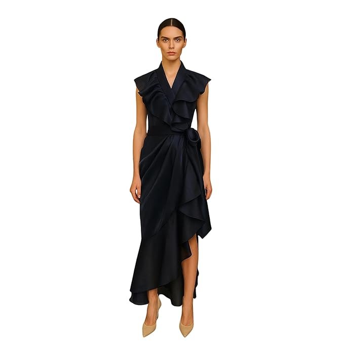 Prisella Navy Blue Glazed Organza Ruffle Gown for Women | Luxury Designer Western Dress | Asymmetrical Indo for Wedding, Cocktail, Birthday & Evening